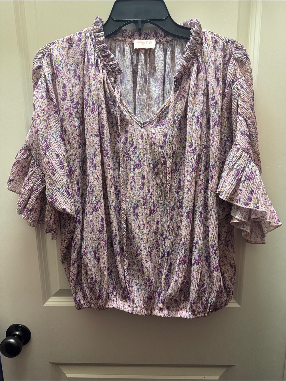 Ruffle Sleeve Lavender Floral V-Neck Blouse